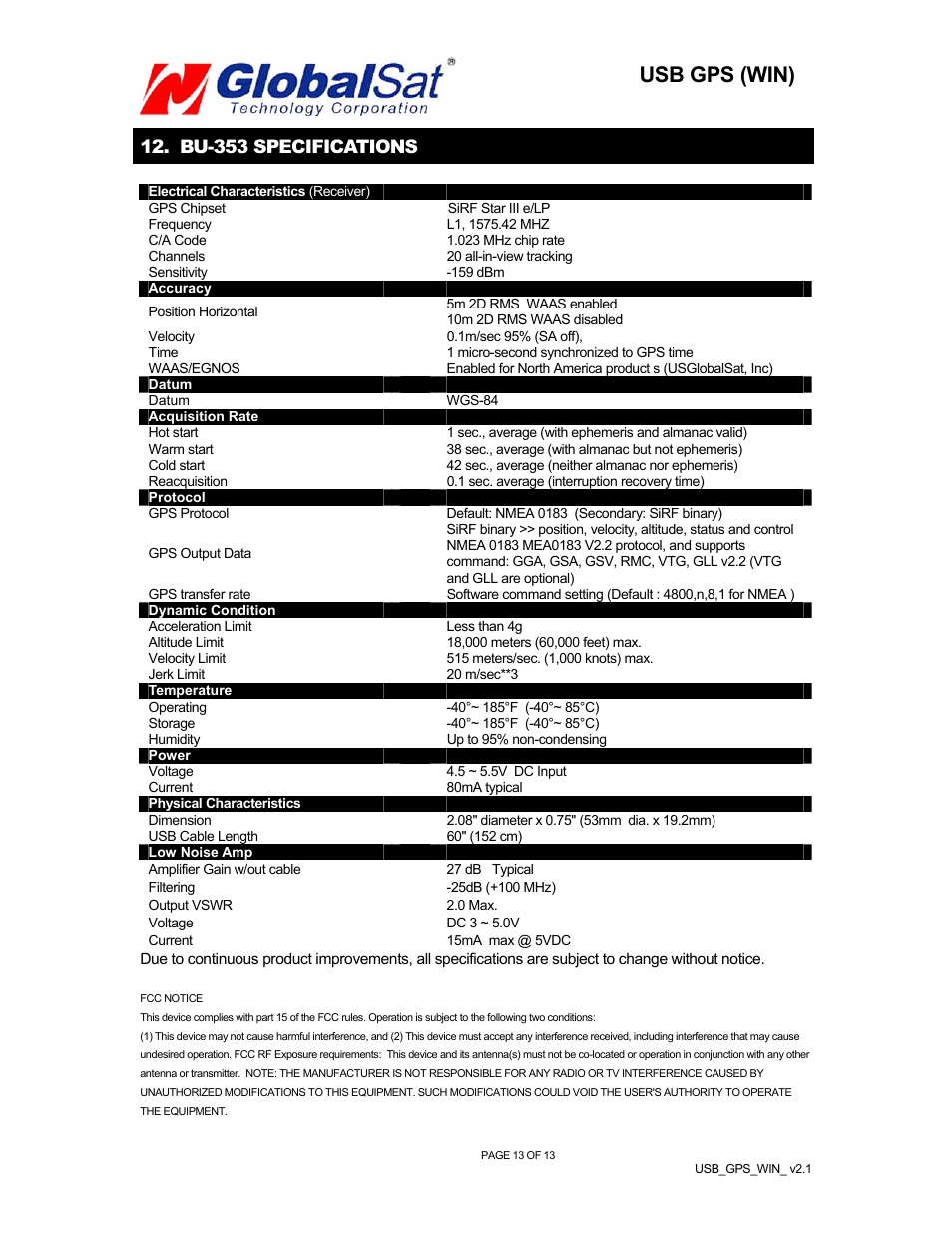 Usb gps (win), Bu-353 specifications | Globalsat Technology Globalsat BU-303 (SiRF II) User Manual | Page 14 / 14