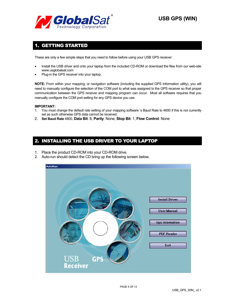 Usb gps (win), Getting started, Installing the usb driver to your laptop | Globalsat Technology Globalsat BU-303 (SiRF II) User Manual | Page 5 / 14