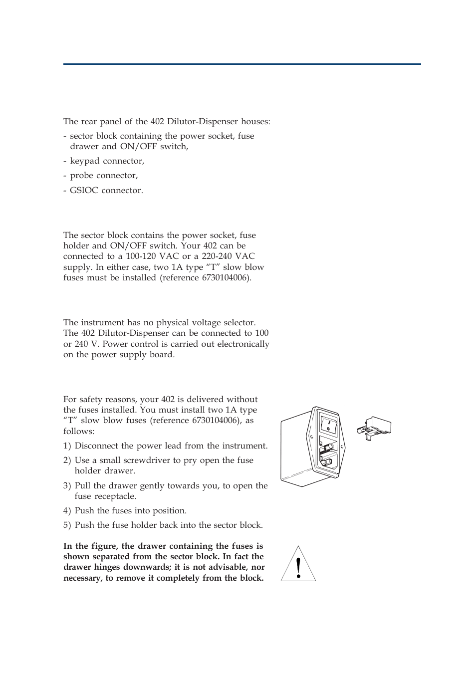 Electrical connections, Installation, Sector block | Voltage selector, Installing the fuses | Gilson 402 User Manual | Page 31 / 124