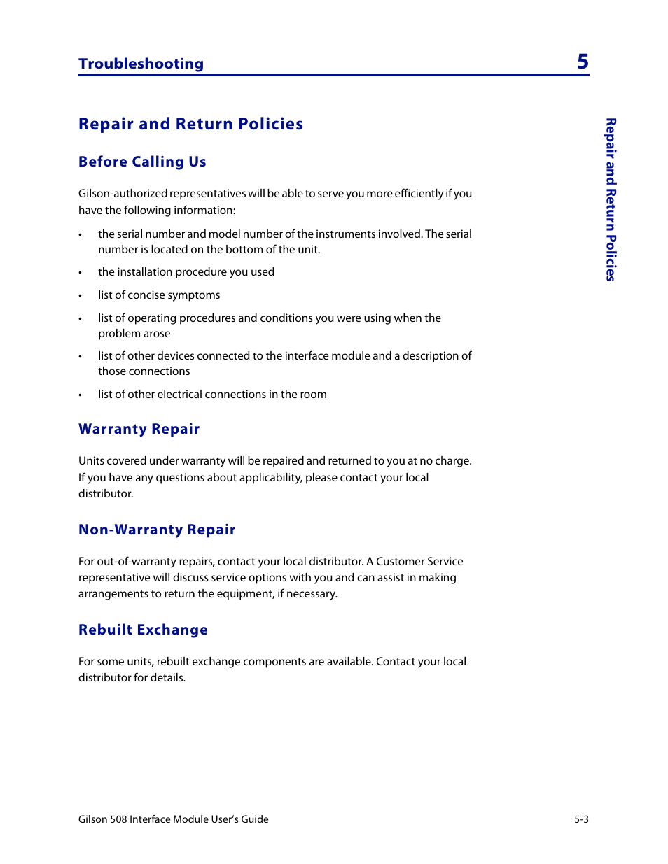 Repair and return policies, Before calling us, Warranty repair | Non-warranty repair, Rebuilt exchange, Repair and return policies -3 | Gilson 508 User Manual | Page 19 / 20