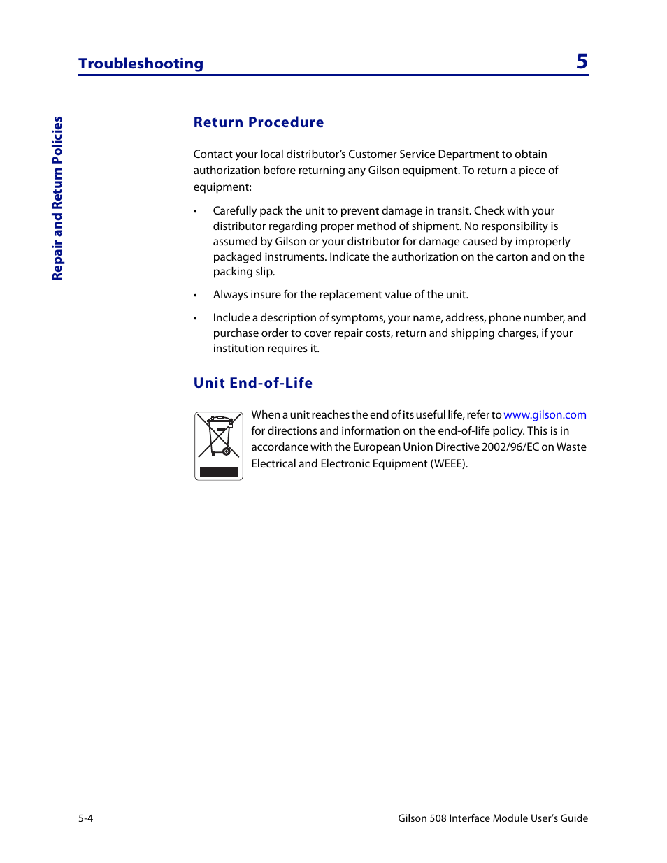 Return procedure, Unit end-of-life, Return procedure -4 unit end-of-life -4 | Gilson 508 User Manual | Page 20 / 20