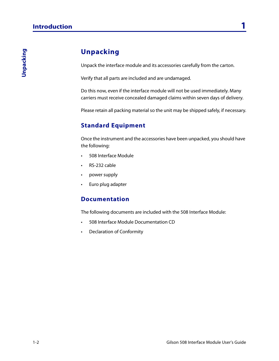 Unpacking, Standard equipment, Documentation | Unpacking -2, Standard equipment -2 documentation -2 | Gilson 508 User Manual | Page 8 / 20