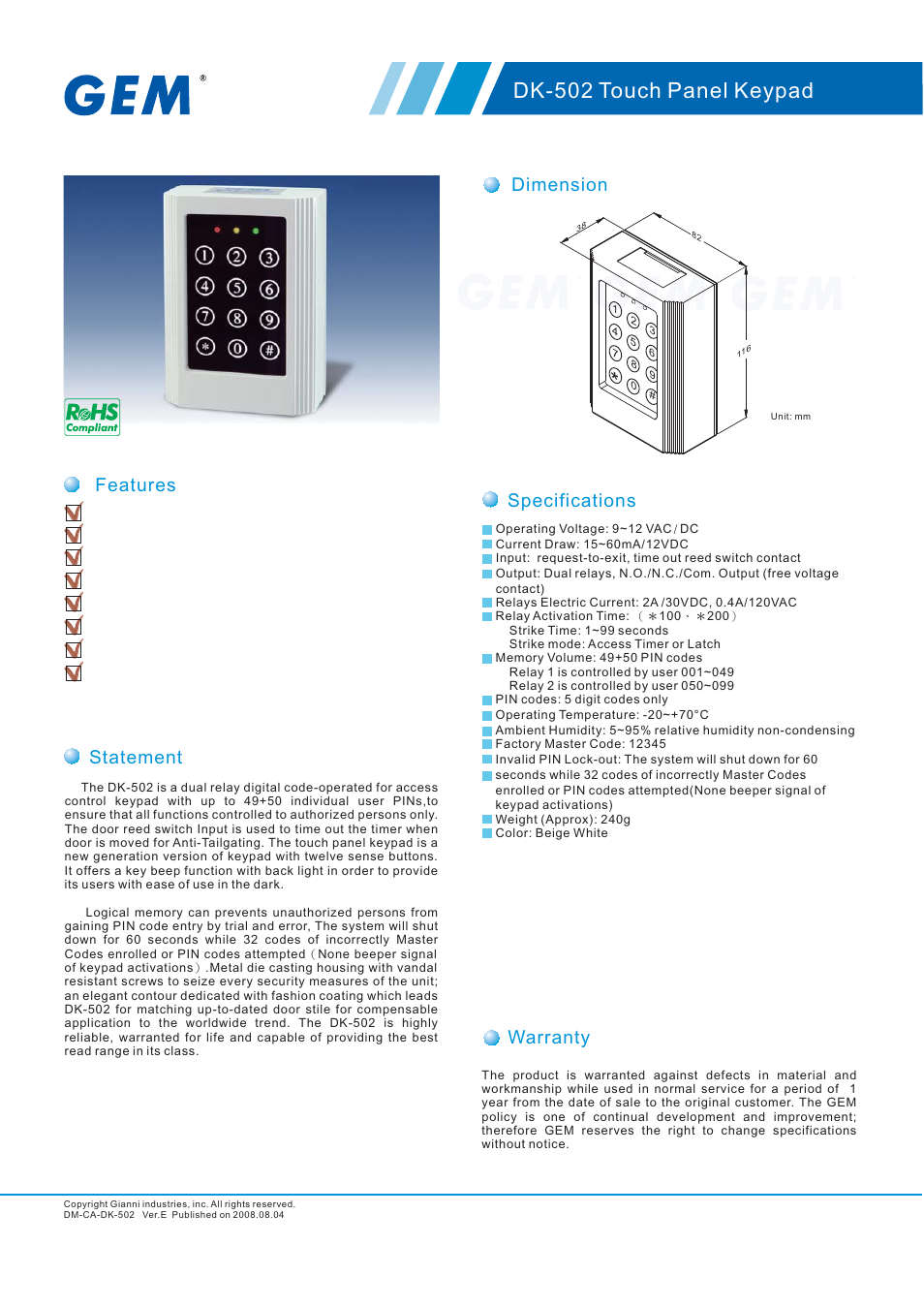 Gianni Industries DK-502 User Manual | 1 page