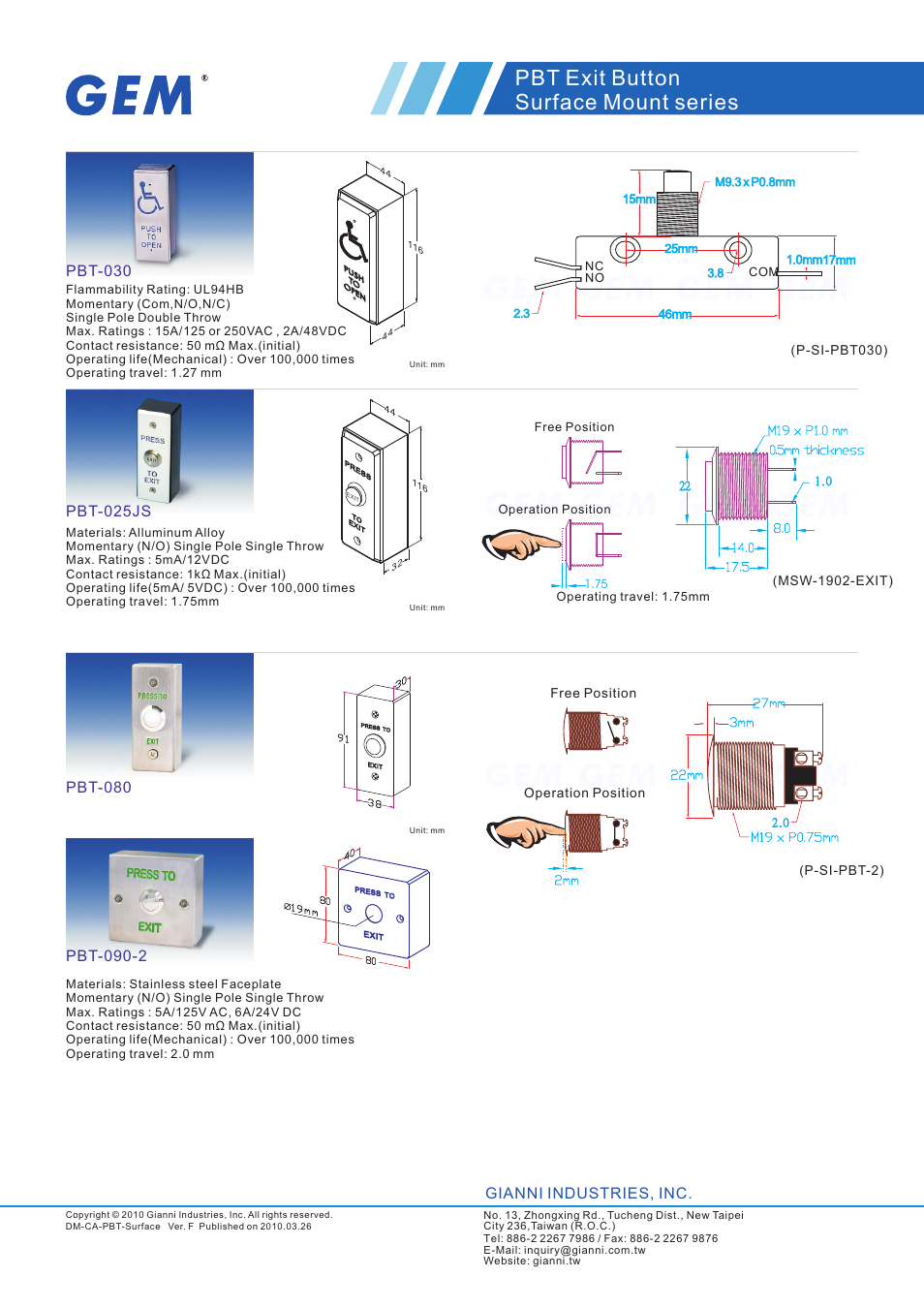 頁面 2, Pbt exit button surface mount series, Gianni industries, inc | Gianni Industries PBT-900ALU-2 User Manual | Page 2 / 3