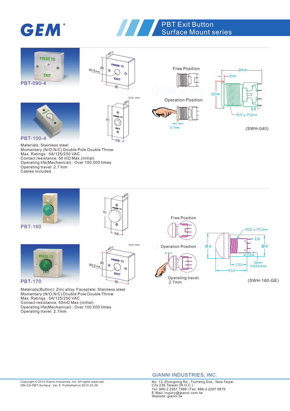 頁面 3, Pbt exit button surface mount series, Gianni industries, inc | Gianni Industries PBT-900ALU-2 User Manual | Page 3 / 3