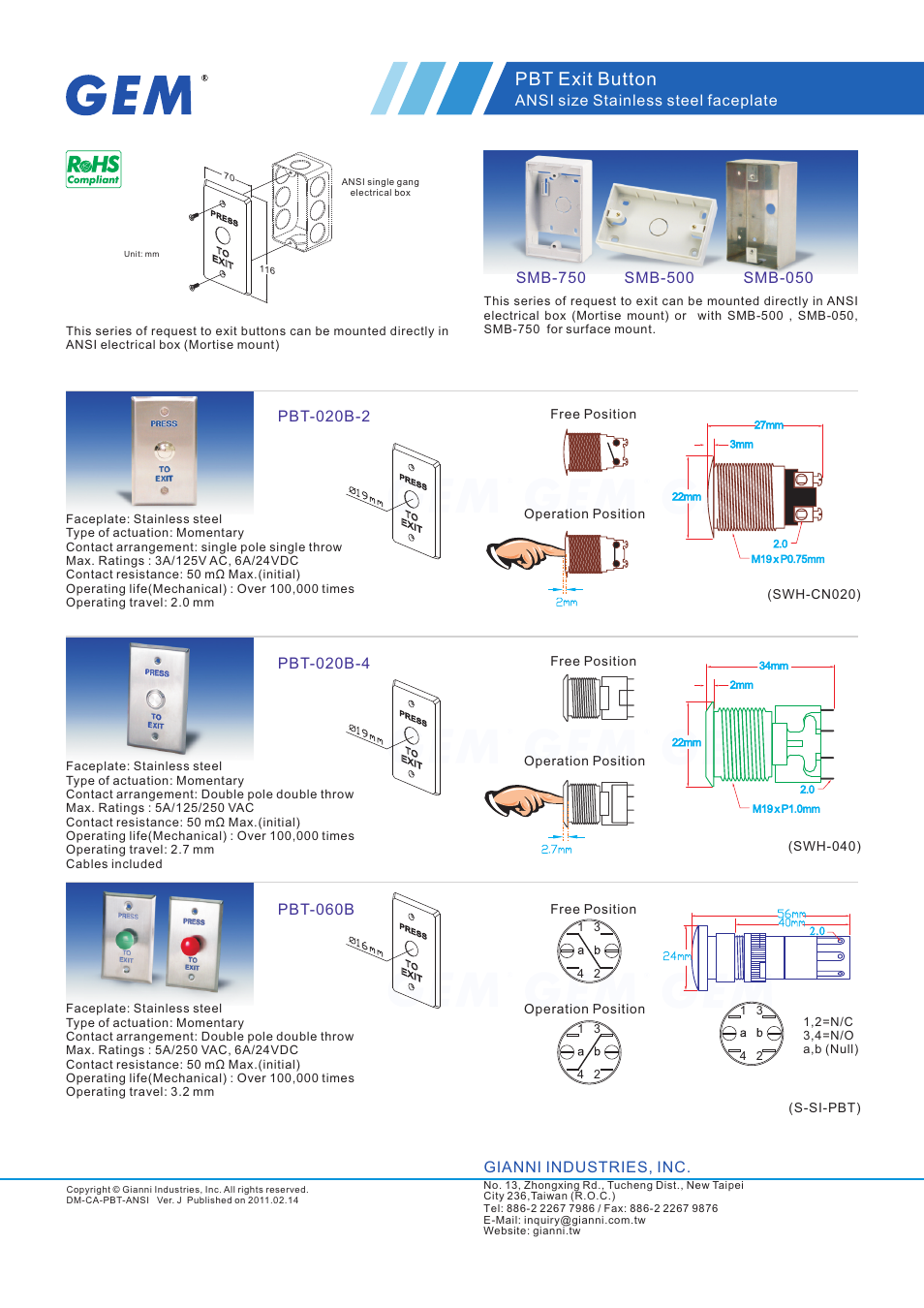 Gianni Industries PBT-020B-4 User Manual | 2 pages