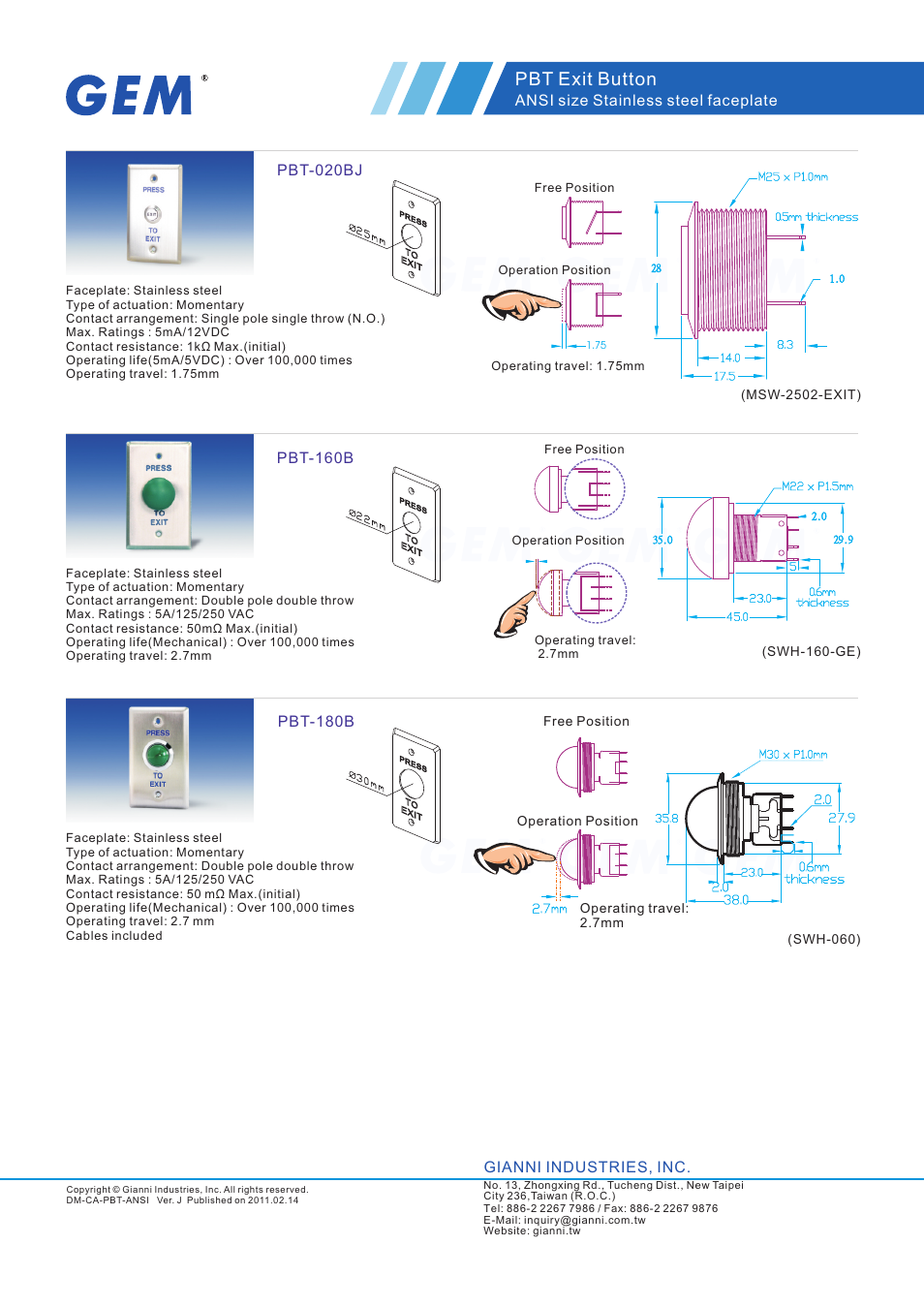 頁面 2, Pbt exit button, Ansi size stainless steel faceplate | Gianni industries, inc | Gianni Industries PBT-020B-4 User Manual | Page 2 / 2