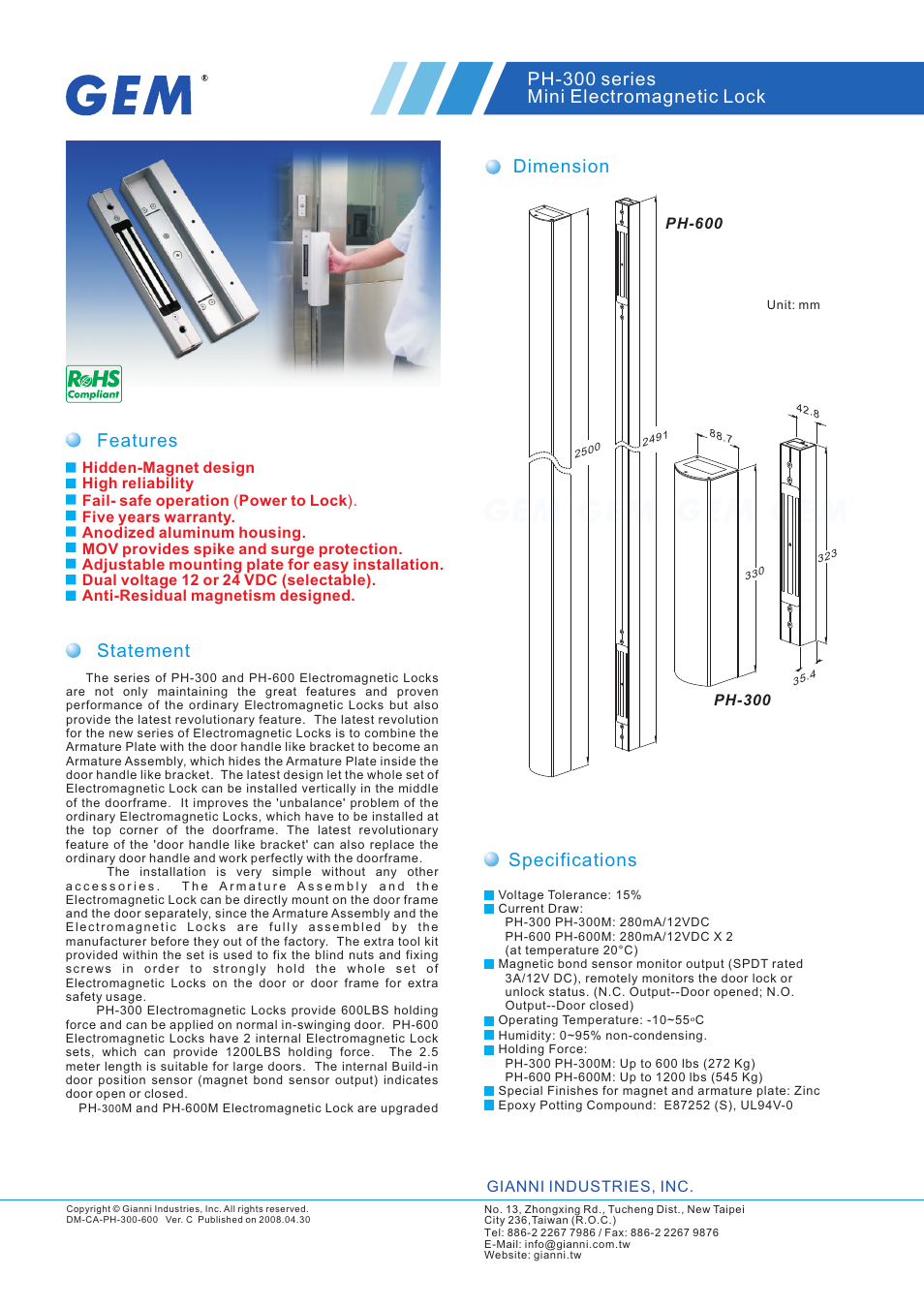 Gianni Industries GEM PH-600 Series User Manual | 2 pages