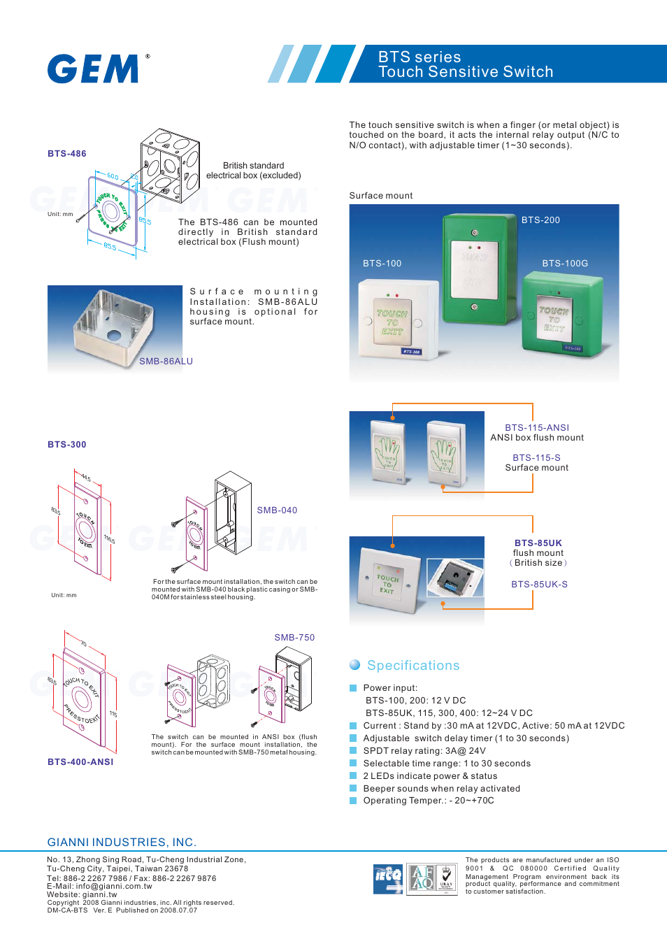 Bts series touch sensitive switch, Specifications, Gianni industries, inc | Gianni Industries BTS Series User Manual | Page 2 / 3