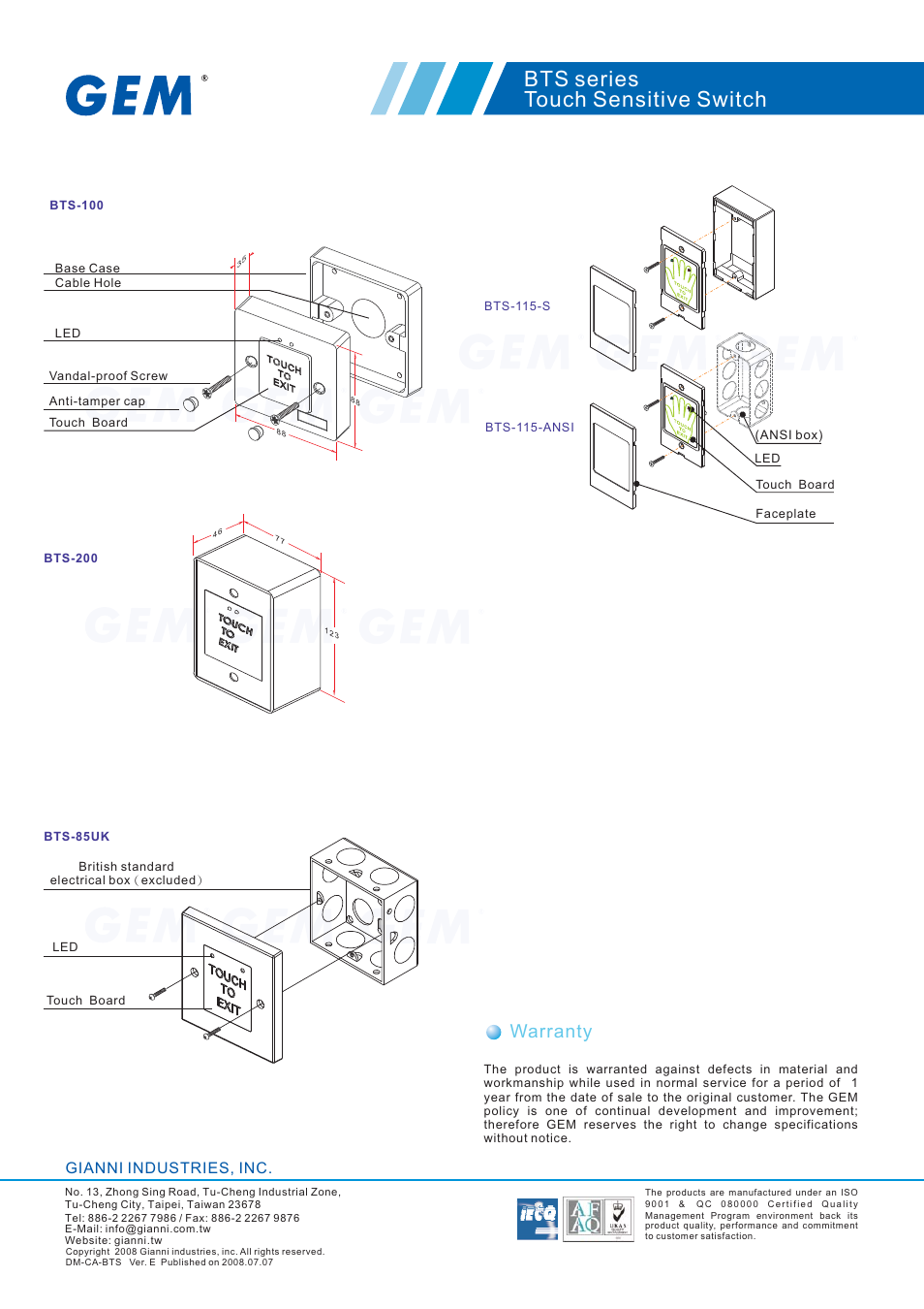 Bts series touch sensitive switch, Warranty, Gianni industries, inc | Gianni Industries BTS Series User Manual | Page 3 / 3