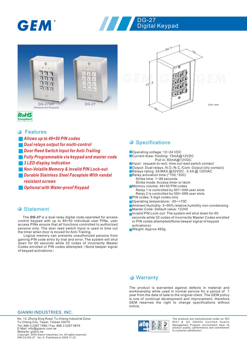 Gianni Industries GEM DG-27WP User Manual | 1 page