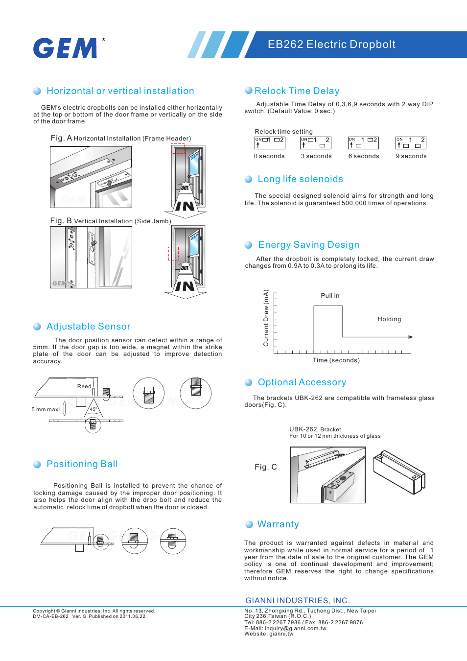 頁面 2, Eb262 electric dropbolt, Relock time delay energy saving design | Gianni Industries EB-262 User Manual | Page 2 / 2