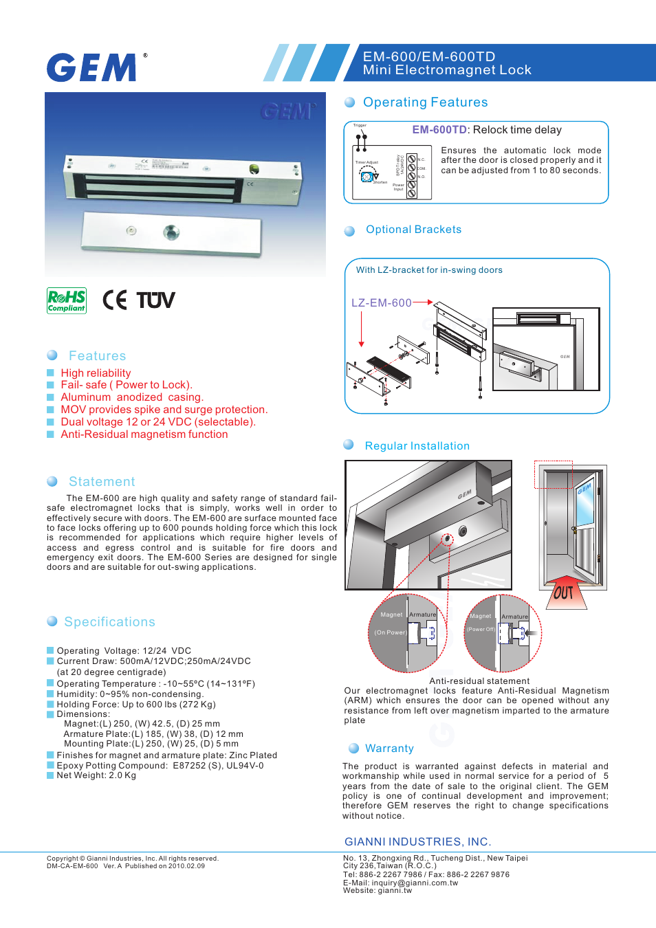 Gianni Industries EM-600 User Manual | 1 page