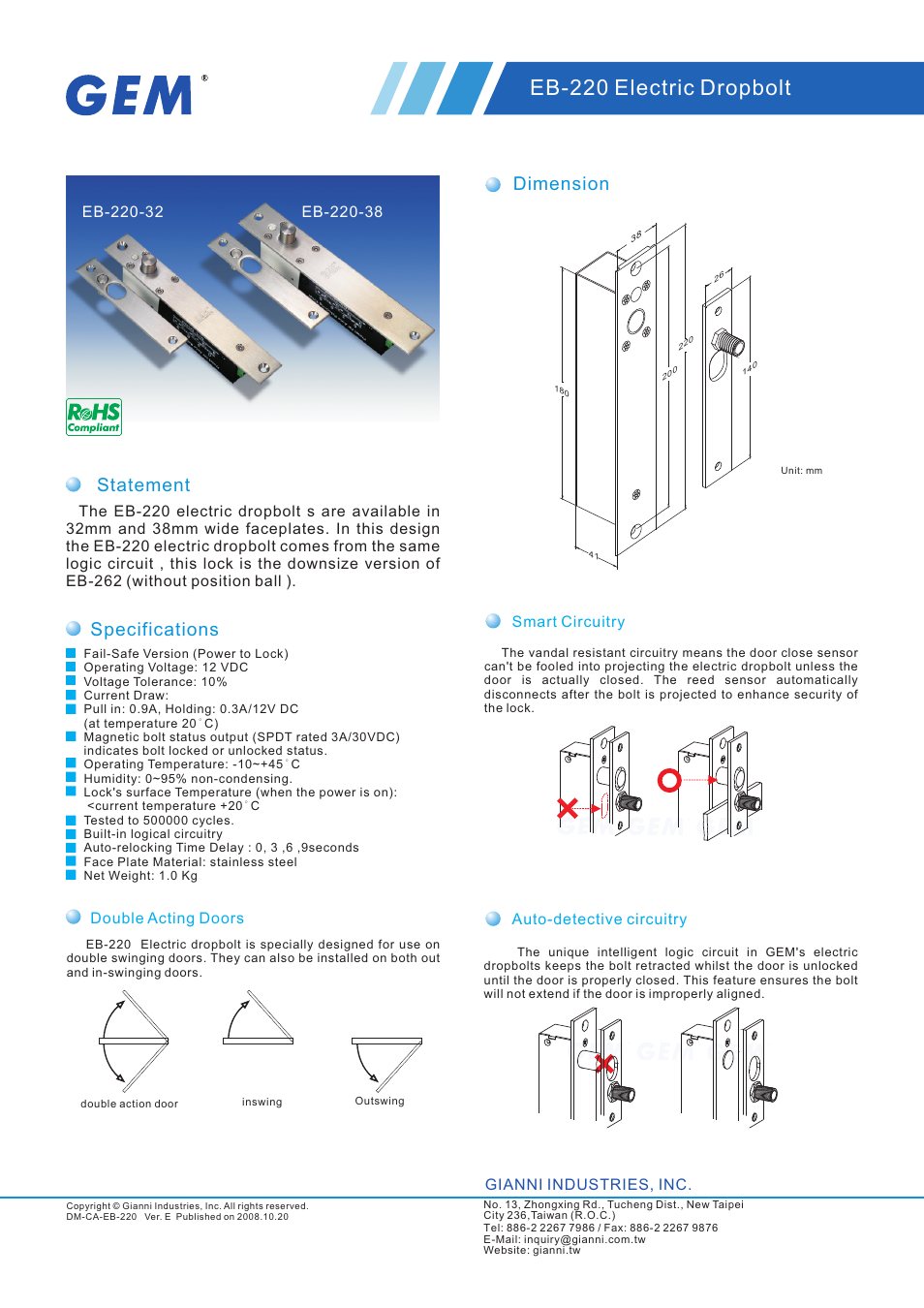 Gianni Industries EB-220-32 User Manual | 2 pages