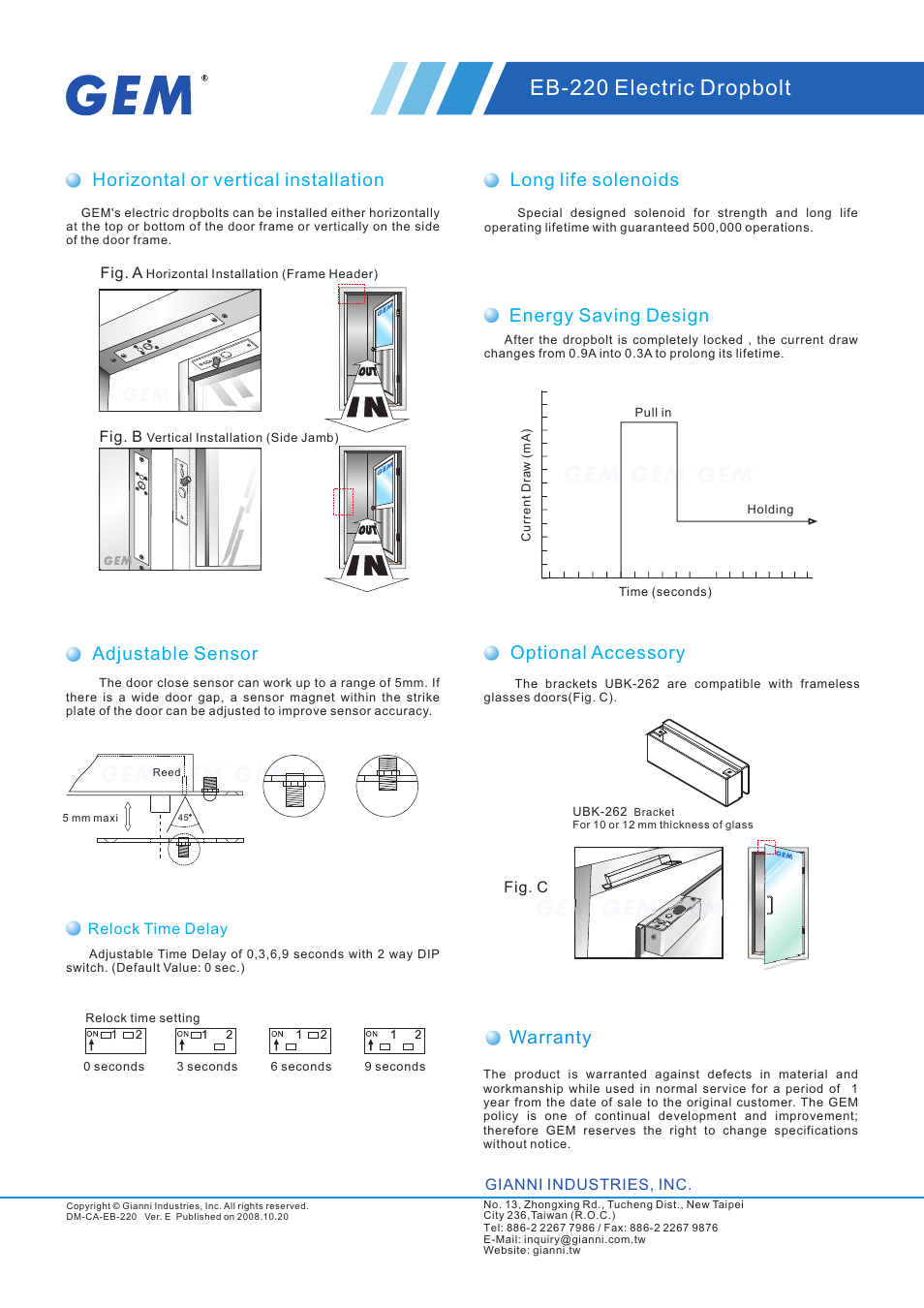 頁面 2, Eb-220 electric dropbolt, Energy saving design | Gianni Industries EB-220-32 User Manual | Page 2 / 2