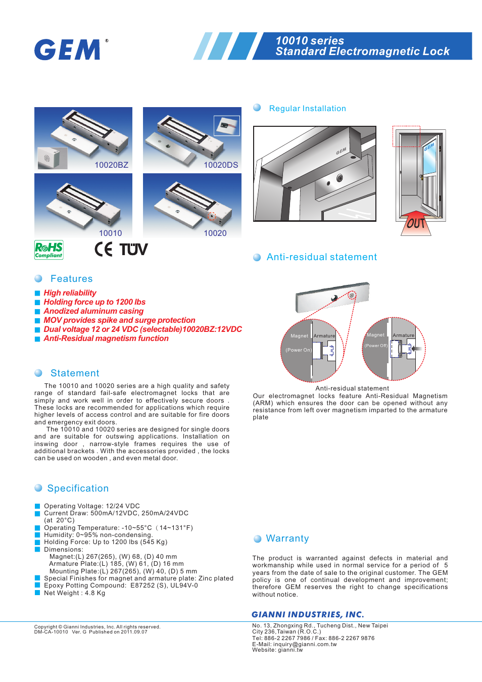 Gianni Industries GEM 10020BZ User Manual | 2 pages