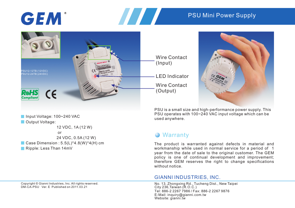 Gianni Industries PSU12-24TB User Manual | 1 page