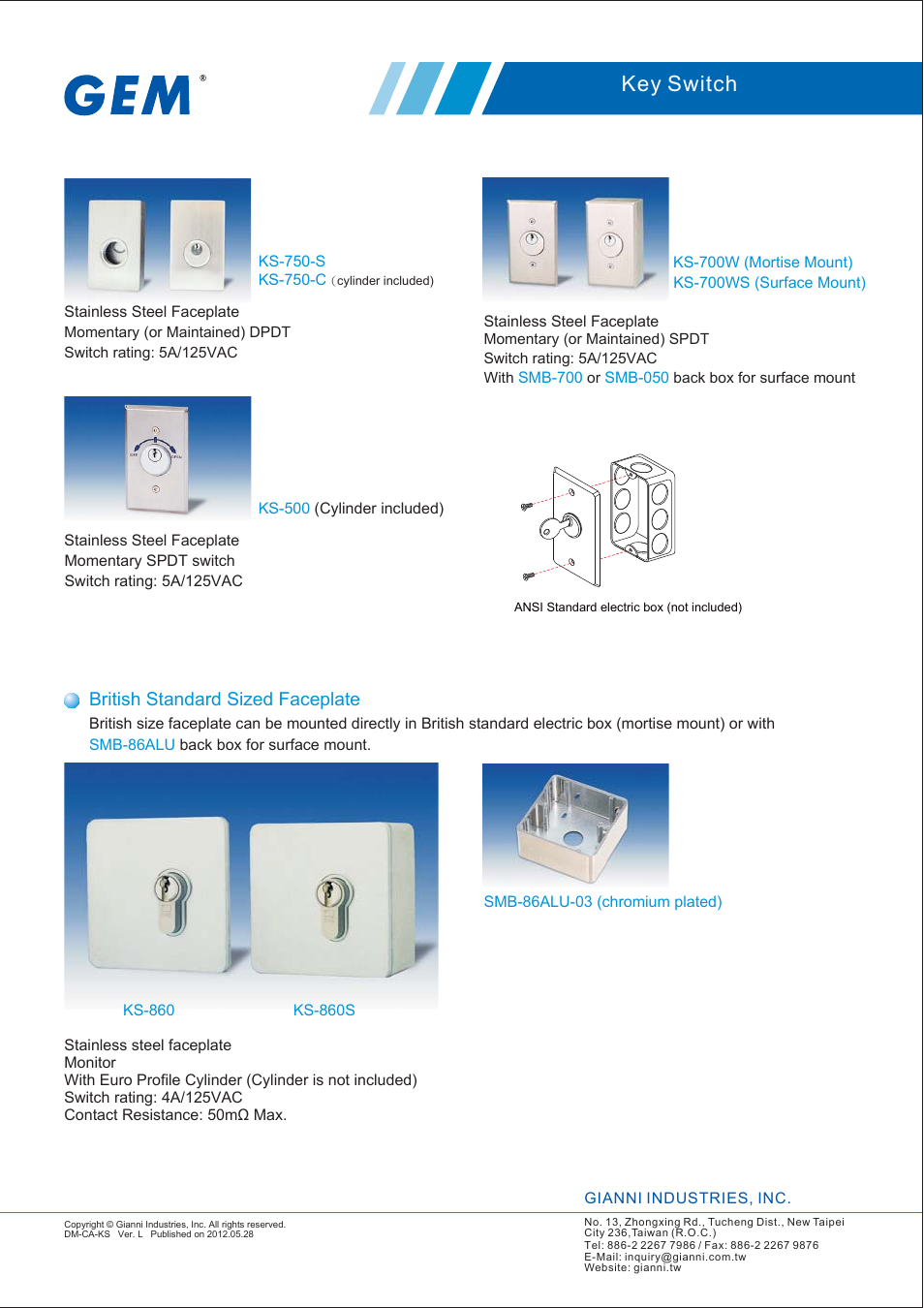 Key switch, British standard sized faceplate | Gianni Industries GEM SMB-370ALU User Manual | Page 3 / 4