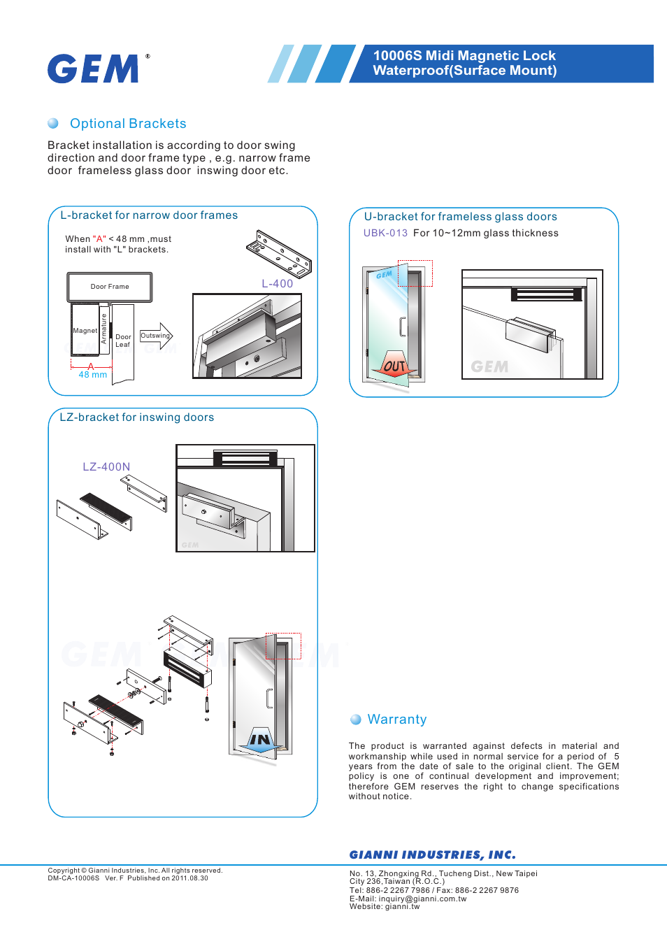 頁面 2, Optional brackets, Warranty | Gianni Industries 10006S User Manual | Page 2 / 2