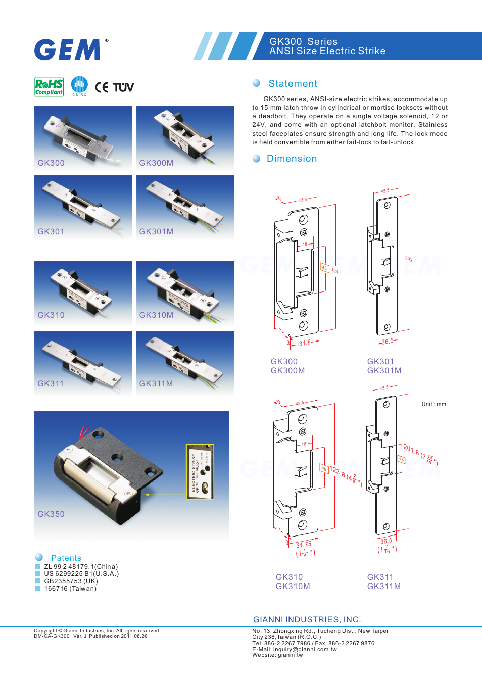 Gianni Industries GK301M User Manual | 4 pages