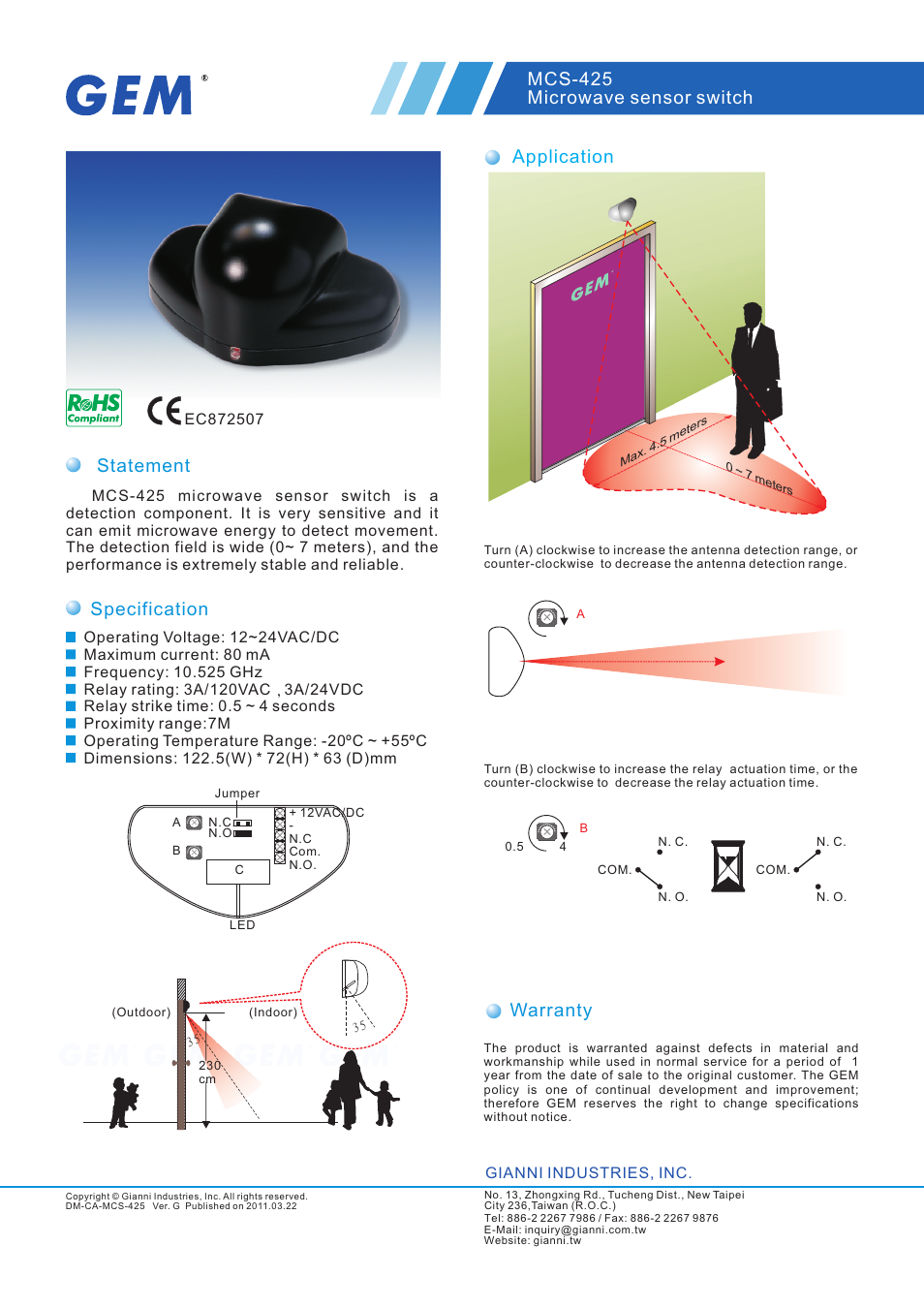 Gianni Industries GEM MCS-425 User Manual | 1 page