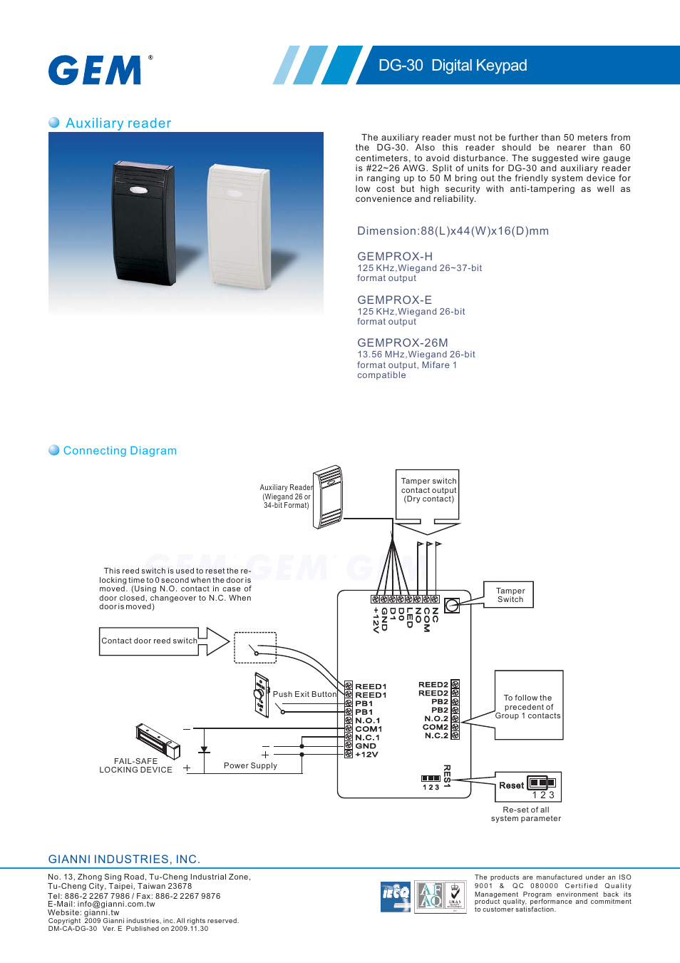 Dg-30 digital keypad, Auxiliary reader, Gianni industries, inc | Connecting diagram | Gianni Industries DG-30 User Manual | Page 2 / 2