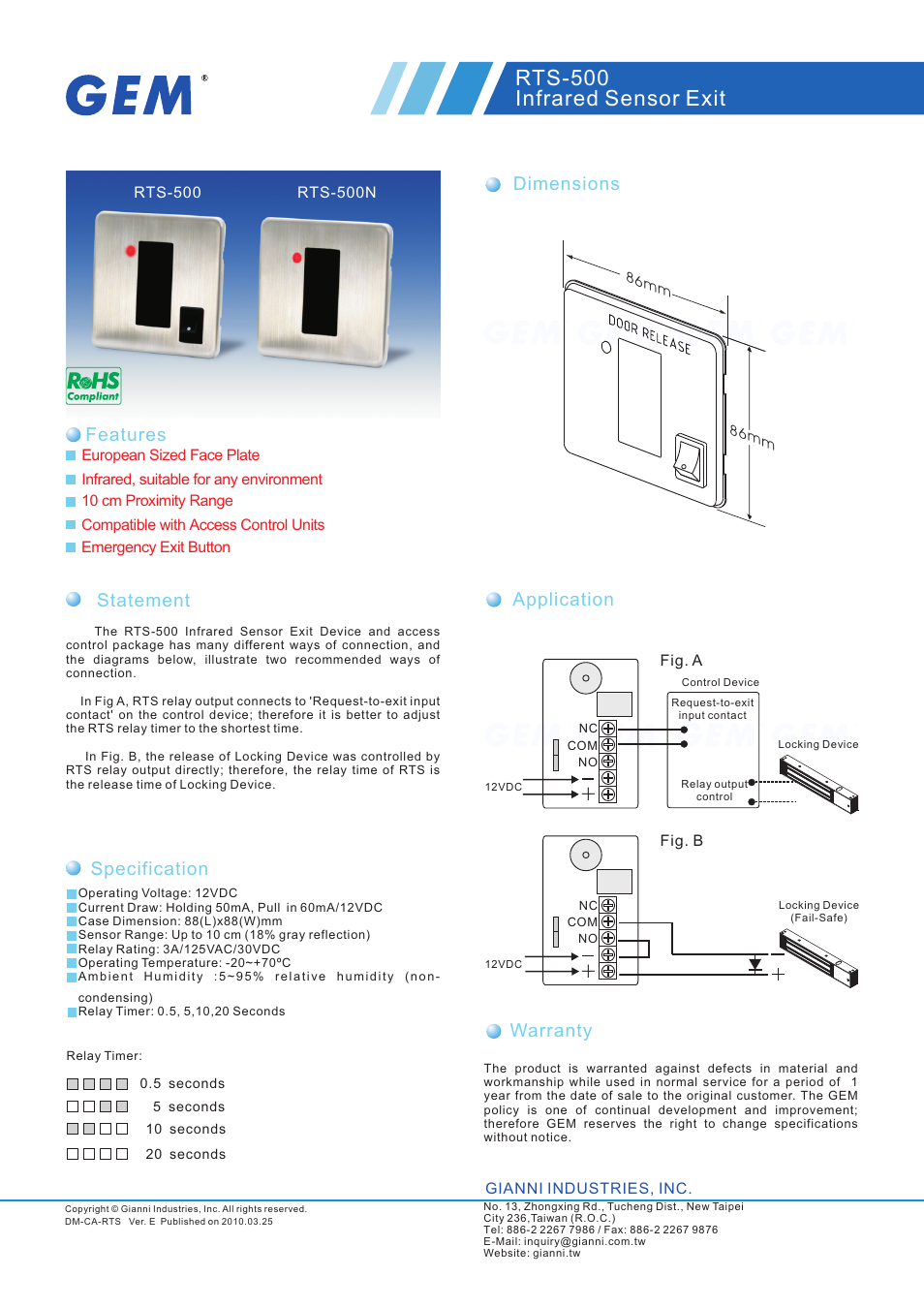 Gianni Industries RTS-500 User Manual | 1 page