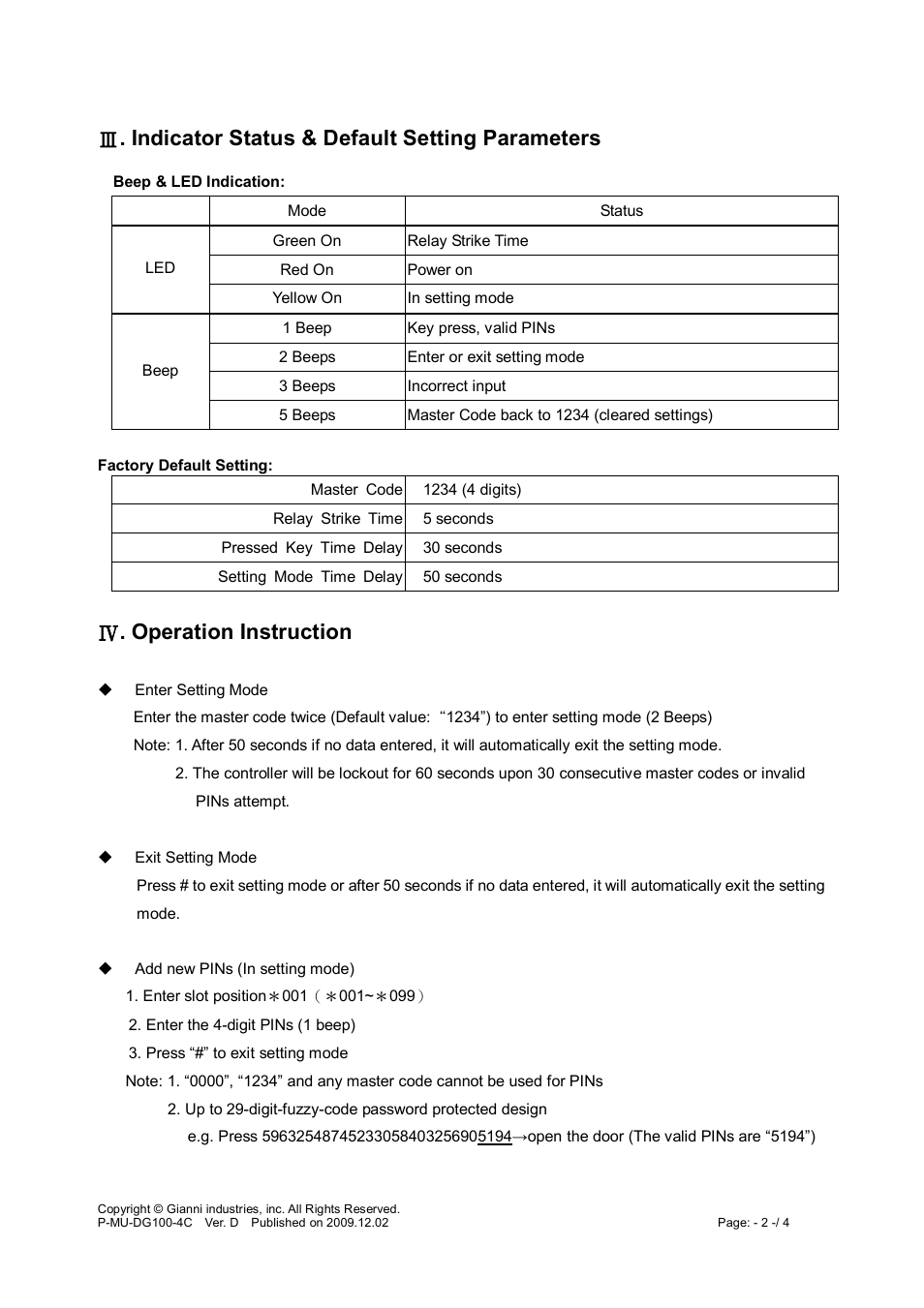 Indicator status & default setting parameters, Operation instruction | Gianni Industries GEM DG-100 User Manual | Page 2 / 4