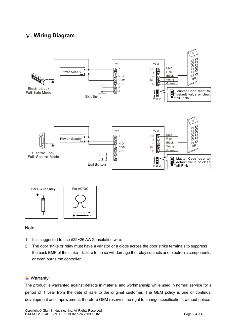 Wiring diagram, Warranty | Gianni Industries GEM DG-100 User Manual | Page 4 / 4