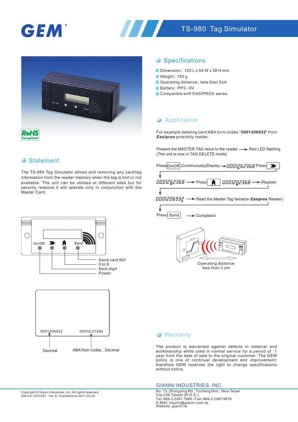 Gianni Industries TS-980 User Manual | 1 page
