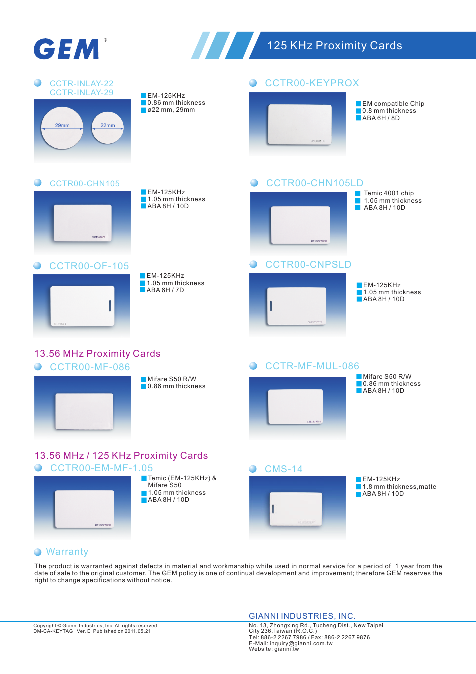 頁面 2, 125 khz proximity cards, Cctr00-keyprox | Warranty, 56 mhz proximity cards, Cms-14 | Gianni Industries GEM KT-10 User Manual | Page 2 / 2