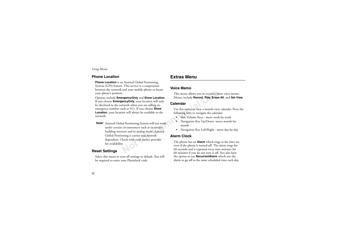 Extras menu, No t fo r c om me rci al u se | Sony Ericsson T206 User Manual | Page 38 / 80