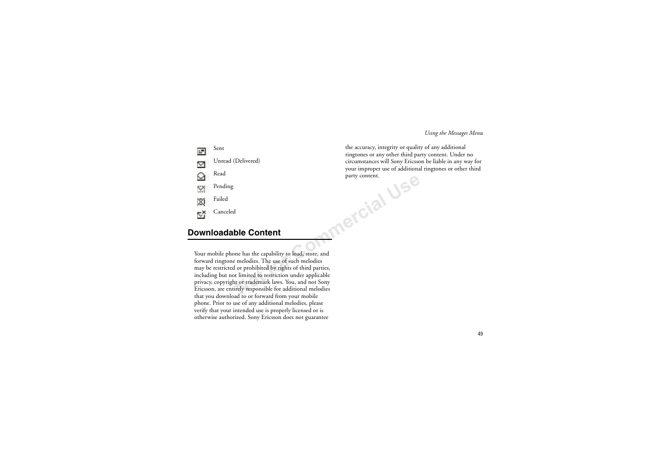 Downloadable content, No t fo r c om me rci al u se | Sony Ericsson T206 User Manual | Page 55 / 80