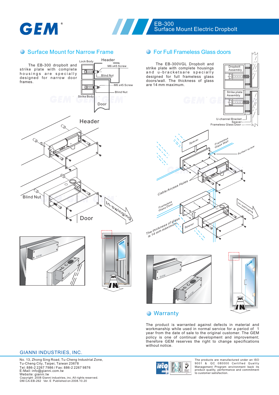 Door header, Gianni industries, inc, In-swinging | Gianni Industries EB-300 User Manual | Page 2 / 2