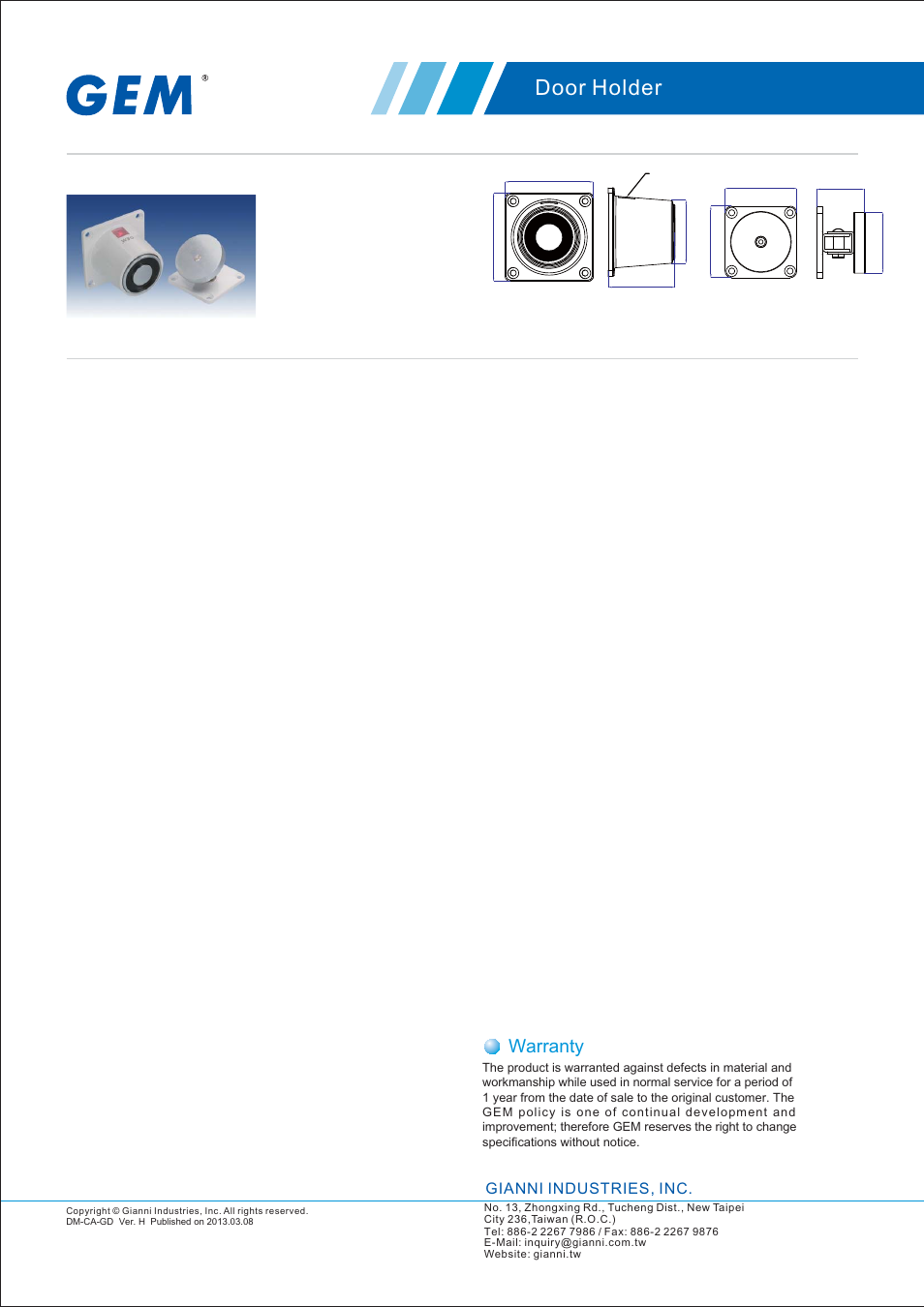 Door holder, Warranty, Gianni industries, inc | Gianni Industries GD-900WS User Manual | Page 3 / 3