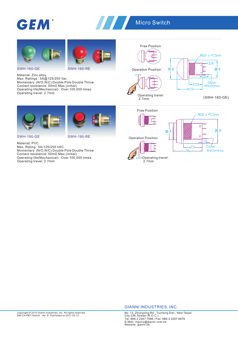頁面 3, Micro switch, Gianni industries, inc | Gianni Industries SWH-040 User Manual | Page 3 / 5