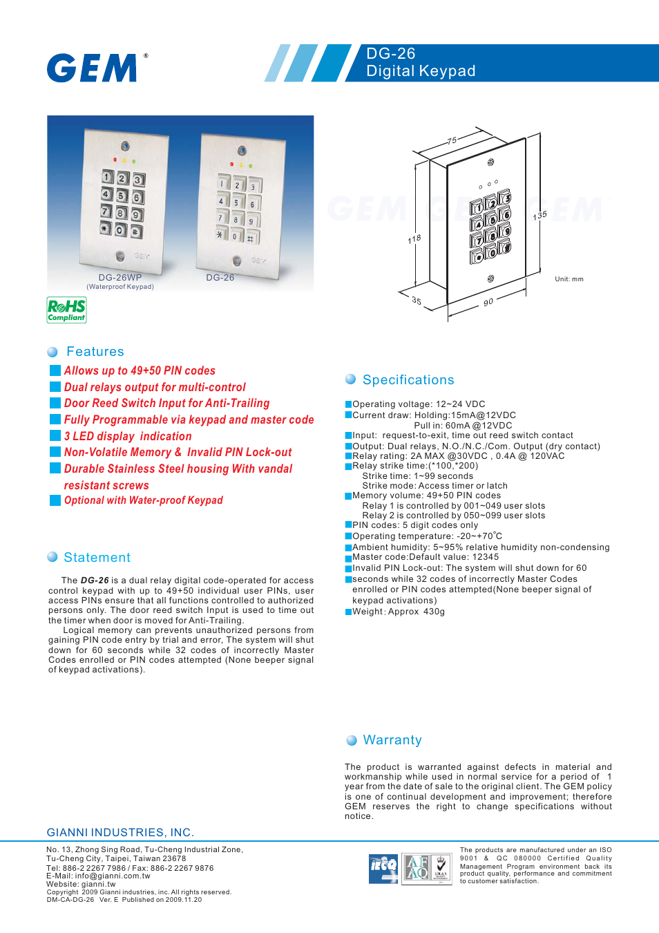 Gianni Industries DG-26 User Manual | 1 page