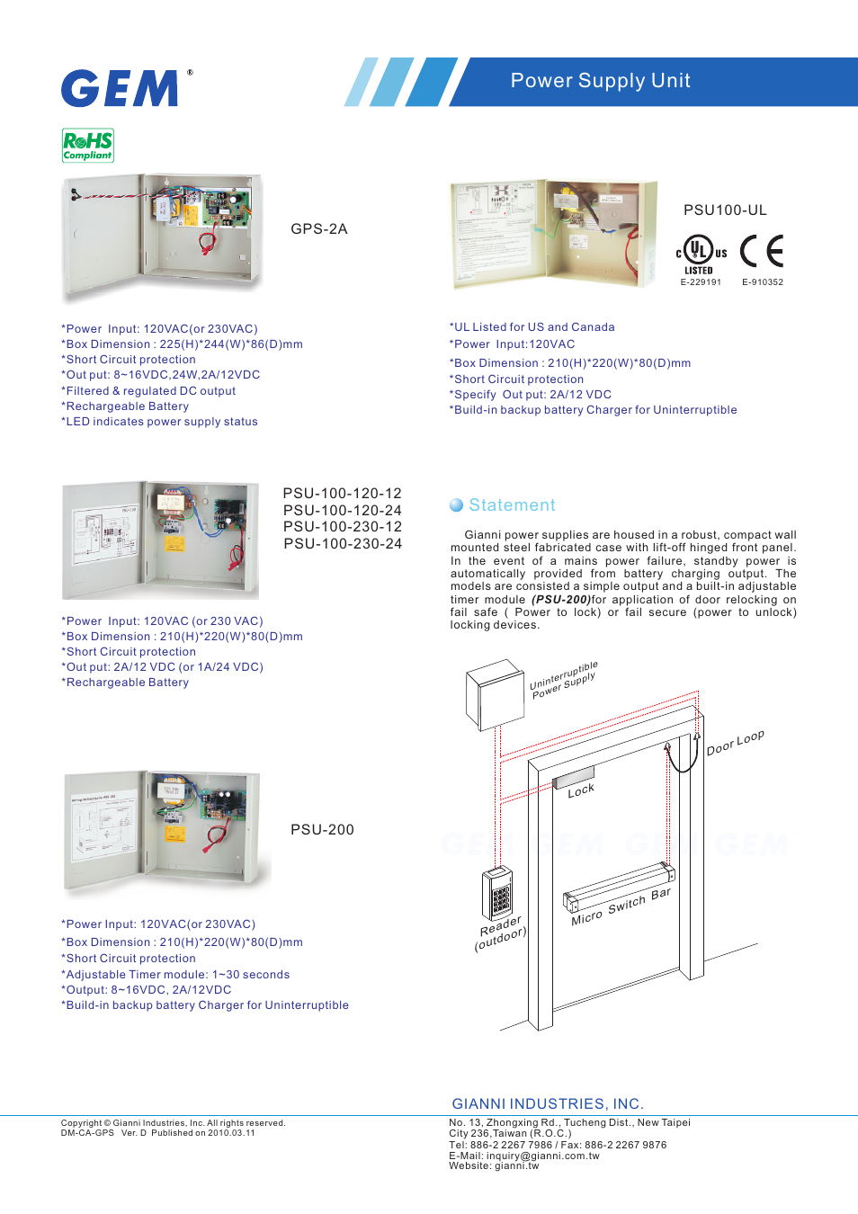 Gianni Industries PSU-200 User Manual | 2 pages