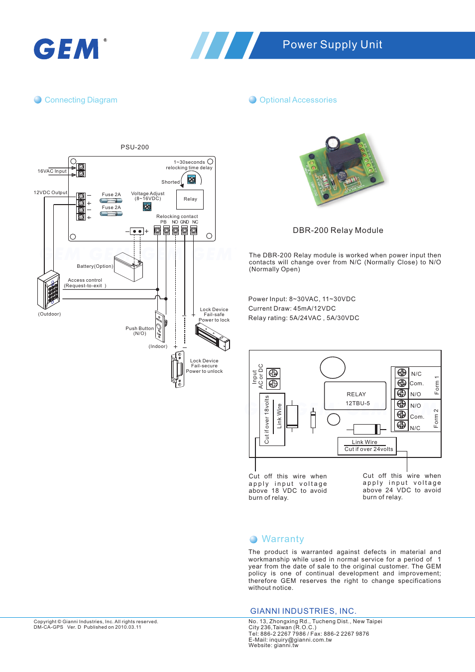 頁面 2, Power supply unit, Warranty | Dbr-200 relay module, Connecting diagram optional accessories, Gianni industries, inc | Gianni Industries PSU-200 User Manual | Page 2 / 2