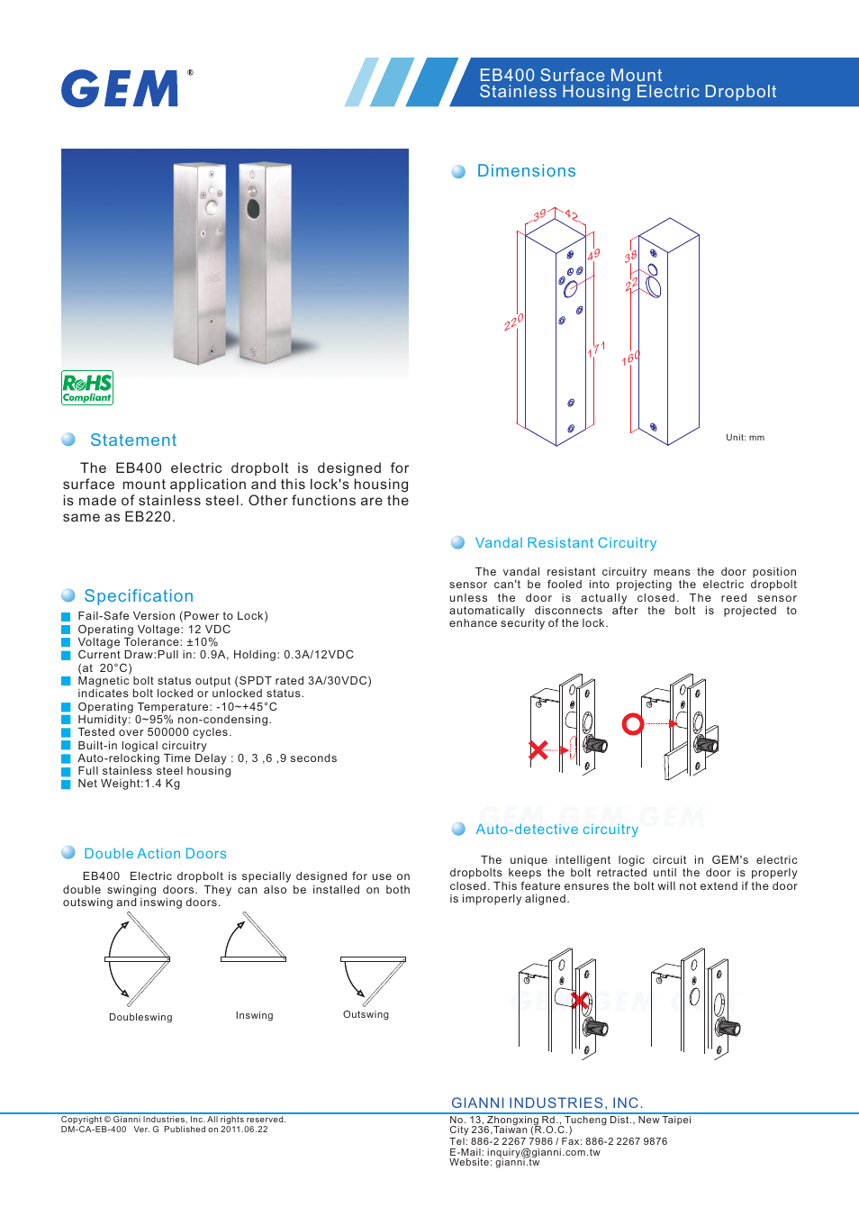 Gianni Industries EB-400 User Manual | 2 pages