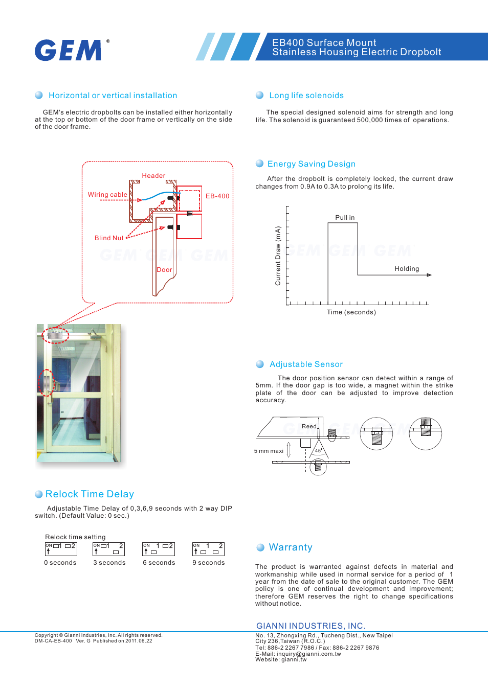 頁面 2, Warranty, Relock time delay | Gianni Industries EB-400 User Manual | Page 2 / 2