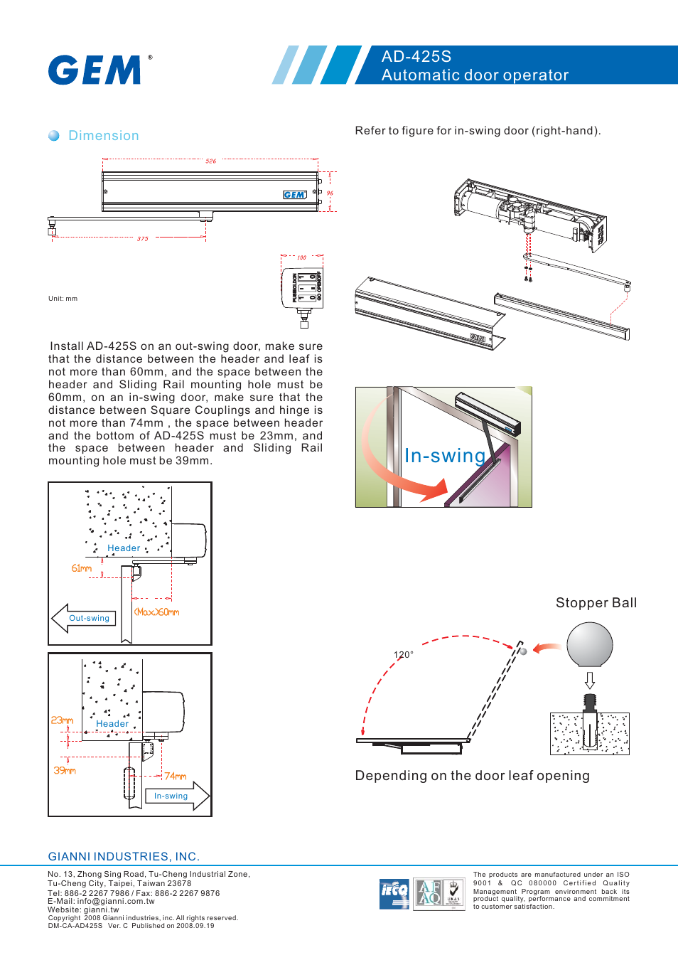 In-swing, Ad-425s automatic door operator, Dimension | Depending on the door leaf opening, Stopper ball, Gianni industries, inc, Refer to figure for in-swing door (right-hand) | Gianni Industries AD-425S User Manual | Page 3 / 5