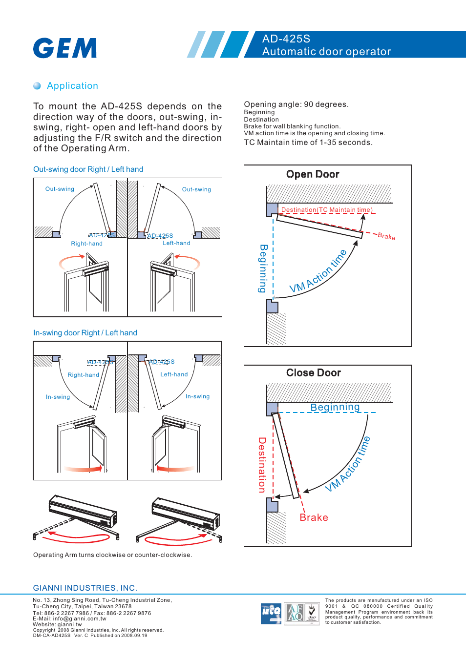 Ad-425s automatic door operator, Beginning, Destination | Application | Gianni Industries AD-425S User Manual | Page 4 / 5