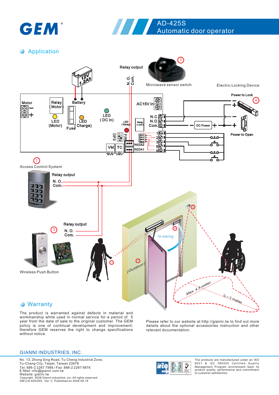 Ad-425s automatic door operator, Application, Warranty | Gianni industries, inc | Gianni Industries AD-425S User Manual | Page 5 / 5