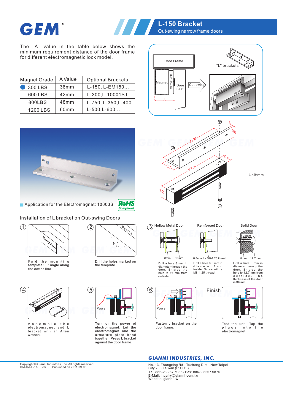 Gianni Industries L-150 Bracket User Manual | 1 page
