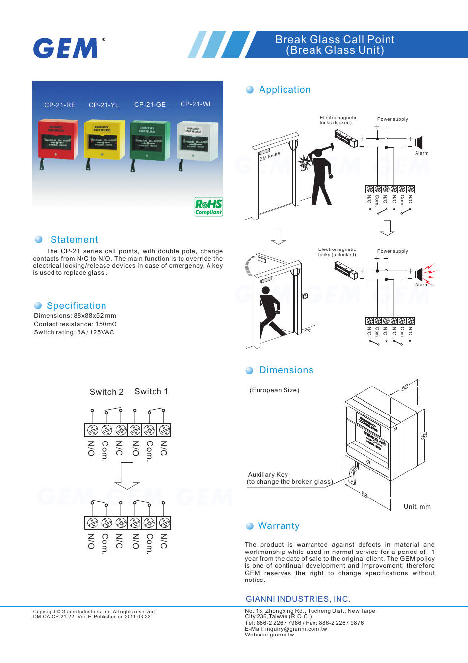 Gianni Industries CP-21-YL User Manual | 1 page