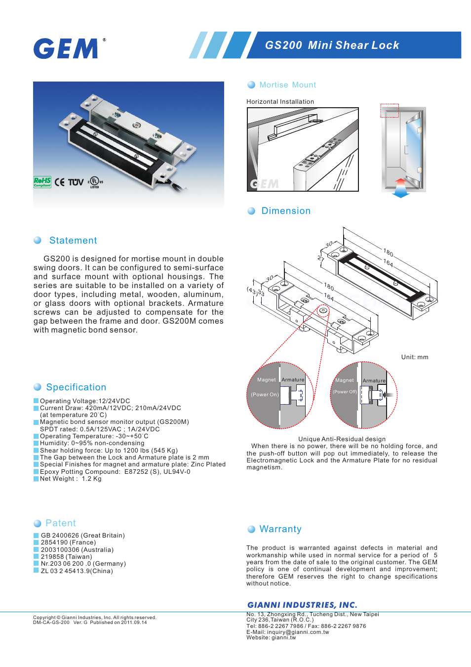 Gianni Industries GS-200 User Manual | 3 pages