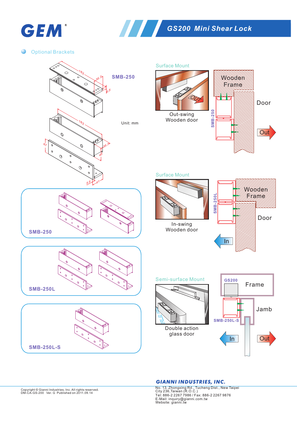 頁面 3, Gs200 mini shear lock, Wooden frame wooden frame door door out | Frame jamb out in | Gianni Industries GS-200 User Manual | Page 3 / 3