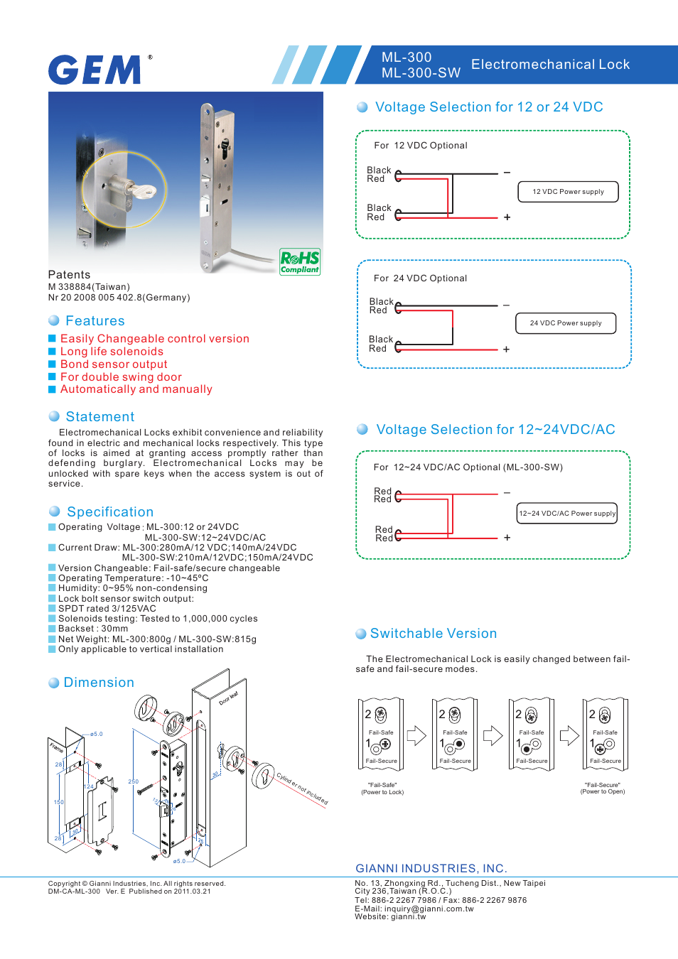 Gianni Industries ML-300 User Manual | 2 pages