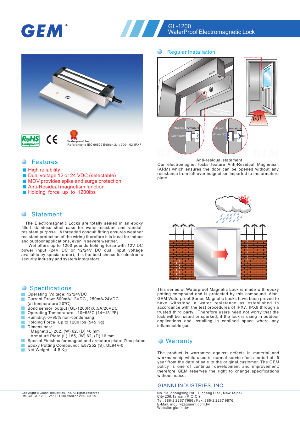 Gianni Industries GL-1200 User Manual | 2 pages
